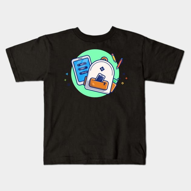 Backpack, Hand Phone, Tablet, Pen, And Pencil Cartoon Kids T-Shirt by Catalyst Labs